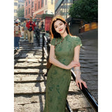Daiiibabyyy  Modern Chinese Floral Qipao Dress Women Spring Summer Hollow-Out Vintage Cheongsam Slim Fit Elegant National Style Midi Dress