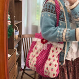 Daiiibabyyy  Y2k Aesthetic Women Dots Strawberry Print Shoulder Bags Japanese Lace Patchwork Shoulder Bags Fashion Luxury Design Underarm Bag