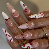 Daiiibabyyy  24Pcs Long French Almond Nails Set Press on Red Cherry Bow Design Full Cover Fake Nails Tips Pearl Reusable Finished False Nails