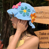 Daiiibabyyy Japanese Niche Colorful Flowers Hollow Knitted Bucket Hats for Women Spring and Summer Vacation Fashion Versatile Basin Caps