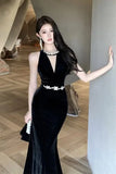 Daiiibabyyy  French Elegant Heavy Work Handmade Rhinestone Dress Women Velvet Sexy Slim Long Dress Evening Gown Fashion High Waist V-Neck