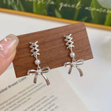 DAIIIBABYYY  -   Korean Fashion Ballet Ribbon Bow-knot Drop Earrings Women INS Silver Plated Pearl Rhinestone Bow Tassel Earring Jewelry