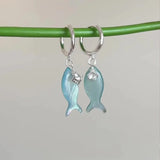Daiiibabyyy  Y2K Blue Small Fish Pendant Earrings for Women Fashion Sweet Crystal Asymmetric Ear Buckle Seaside Vacation Jewelry Accessories
