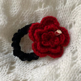 Daiiibabyyy  1pc Elegant Wine-Red Flower Hair Tie with Gold Label & Velvet, French Atmosphere Handmade Wool Rose Claw Clip, New-Style Hair Co