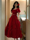 DAIIIBABYYY  -  New Drunken Wild Berry Red Dress Set Feminine Top Irregular Ruffled Edges Super Fairy Half Two-piece Set Women