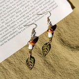 Daiiibabyyy  Glass Leaf Mushroom Bead Necklace Retro Rustic Forest Style Earring Multiple Splicing Design Collarbone Chain Y2K Jewlery Set