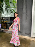 DAIIIBABYYY  -  Rose Backless Sleeveless Long Dress Summer 2024 Woman V Neck Ruffles A Line Vacation Maxi Dress Holiday Outfits