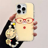 Daiiibabyyy  Crystal transparent white light painted cute little bear expression phone case with chain for iPhone11 12 13 14 15 16 17 Pro Max