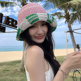 DAIIIBABYYY  -  Korean Fashion Contrasting Color Flanged Bucket Hats Women Summer Travel Versatile Sunscreen Breathable Woven Basin Caps