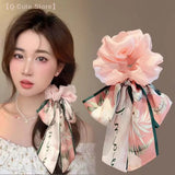 DAIIIBABYYY  -  Printed Bow Hair Rope Elegant Ribbon Ponytail Hair Band For Women Sweet Rubber Band Hair Ring Fashion Headdress Hair Accessories