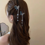 Daiiibabyyy  1/2 Pcs New Blue-silver Splicing Butterfly Imitation Pearl Fringe Small Crab Hair Clips for Women Princess Style Bang Shark Clip