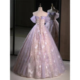 Daiiibabyyy  Light Luxury Pink Purple Evening Dress Women Sweet Pleated Off The Shoulder Flower Applique Prom Gown Sequins A-Line Vestido