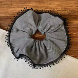 Daiiibabyyy  1PCScrunchies Women's Korean Style New Houndstooth Pattern Hair Accessories With Tassel Edge For Daily, Party, Gift, Fashionable
