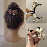 Daiiibabyyy  Velvet Bow Hair Claw Clips For Women Elegant Pearl Ornament Bun Clip Hair Grab Strong Hold Clamps Daily Hair Accessories