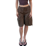Daiiibabyyy  Women's Summer Shorts Cotton Mid Waist Drawstring Short Pants Olive Green Flap Pocket Casual Shorts Brown Loose Fit Cargo Shorts