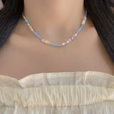 Daiiibabyyy  Fresh Blue Seed Beads Pearl Stone Clavicle Chain Dopamine Beaded Necklace For Women and Girls Holiday Daily Jewelry