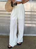 Daiiibabyyy  Spring Fashion Elastic Waist Women's Pants Elegant Embroidered Hollow Straight Pants Summer Casual Simple Loose Holiday Pants