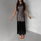 Daiiibabyyy  O-neck Sparkly Sequins Party Long Dress Women's Fashion Patchwork Waist Slim Maxi Dress Casual Sleeveless Birthday Evening Gowns