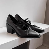 Daiiibabyyy  Spring Autumn Women's Shoes Bow Square Toe Elegant High Heels Ladies Shallow Black Chunky Heel Mary Jane Shoes Woman Pumps