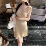 Daiiibabyyy  Fashionable V-Neck Lace Spliced Mini Dress Summer New Flying Sleeve Women's Clothing Vintage Broken Flowers French Style Dresses