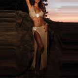 Daiiibabyyy  Fashion Solid Color Slim Bikini Set Lady Summer Backless Beach Vacation Set Sexy V-neck Knitted Hollow Out Vest&Split Skirts Set