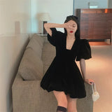 DAIIIBABYYY  -  Women's Retro Square Neck Palace Style Puff Sleeve Velvet Puffy Dress  Autumn Slim Waist Tutu Short Dresses Female Clothing