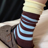 Daiiibabyyy  Women's Socks Japanese Striped Contrasting Dopamine Kawaii Rolled Edge Sports Mid Tube Socks Comfortable Breathable Cotton Socks