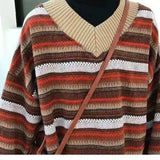 Daiiibabyyy  Women's Winter Clothes Woman V Neck Long Sleeve Loose Fit Oversized Striped Color Block Cotton Blend Hip Length Sweater Female
