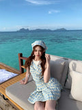 DAIIIBABYYY  -  Design Sense Niche Girl Sleeveless Short Style Small Fresh Blue Checkered Headband 2025 New Women Summer Slimming Dress
