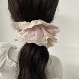 Daiiibabyyy  1PC Large Pink Plaid Hair Scrunchie With Lace Trim, Sweet Ruffled Hair Tie, Cute Hair Accessory For Women And Girls