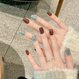 Daiiibabyyy  10Pcs Short Ballet Full Cover Nail Tips Blue Grid Pattern Design Handmade Fake Nails Wearable Simple Square Press on False Nails