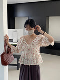 DAIIIBABYYY  -  Sweet Just V-neck Drawstring Floral Lace Shirt Women Gentle Lazy Wind Long Sleeve Top