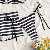 Daiiibabyyy  New Shorts Three-Piece Black White Striped Bikini Set Women Summer Swimming Wading Sports Sexy Backless Lace Up Style Swimwear