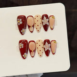 Daiiibabyyy  10pcs Vintage Almond Press On Nails With 3D Polka Dot Flower Design Pink Yellow Brown Sweet Pattern Handmade Fake Nail For Women