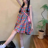 DAIIIBABYYY  -  Summer Sweet Fresh Lolita Patchwork Drawstring Printing Plaid Fashion Loose Minimalist Casual Sleeveless Slip Dresses