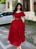 DAIIIBABYYY  -  New Drunken Wild Berry Red Dress Set Feminine Top Irregular Ruffled Edges Super Fairy Half Two-piece Set Women