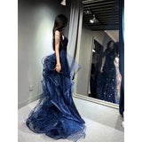 Daiiibabyyy  Halter Neck Slim Fit Long Blue Black Sequin Dress Birthday Party Coming-of-Age Ceremony Host Annual Meeting White Red Gown
