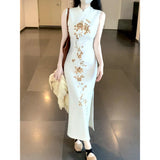 DAIIIBABYYY  -  Chinese Style Hot Girl Gold Peony Qipao Women's Summer Retro Slim Fit Sleeveless White Long Dress Fashion Female Clothes