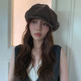 Daiiibabyyy  Korean Version Simple Solid Color Autumn Soft Brim Large Version Cloud Berets Street Versatile Literary Newsboy Cap for Women's