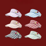 DAIIIBABYYY  -  Korean New Small Fresh and Sweet Plaid Button Empty Top Hat Women's Summer Outdoor Versatile Sunshade Drawstring Sun Cap Gorras