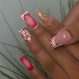 Daiiibabyyy  24PCS Elegant Medium Square False Nails Colorful Butterfly Patterns French with Diamonds Fake Nails for Women Wearable Press On