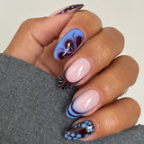 Daiiibabyyy  24PCS Dark Blue Gradient French False Nails Swirls Pattern Glossy Polka Dots Almond Press on Nails Wearable Sweet Cool Fake Nail