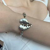 Daiiibabyyy  Punk Silver Color Spliced Heart Bracelet for Women Men Simple Adjustable Metal Bead Rope Chain Bracelet Couple Jewelry Gift New