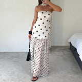 Daiiibabyyy  Sexy Strapless Match Scarf Women Long Dress Elegant Mesh Patchwork Hem Maxi Dress Fashion Polka Dot Print Sleeveless Party Dress
