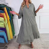 Daiiibabyyy  Spring Summer Long Sleeved V Neck Women's Dress Vintage Holiday Swing Beach Maxi Dresses Polka Dot Print Loose Commuting Dress
