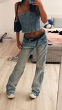 Daiiibabyyy Sexy Women Denim Corset Short Coat Vintage Y2K Blue Sleeveless Off Shoulder Side Zipper Summer Ladies Streetwear Wrap Chest Tops