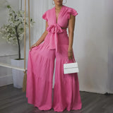 DAIIIBABYYY  -  Women 2 Pieces Skirts Sets Solid Blouse Short Sleeve Deep V Neck & Long SKirts Loose Floor Length Elegant Birthday Party Clothes