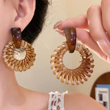 Daiiibabyyy  Vintage Brown Round Rattan Weave Earrings For Women Exaggerated Large Circle Geometric Earrings Jewelry Accessories