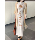 DAIIIBABYYY  -  Chinese Style Hot Girl Gold Peony Qipao Women's Summer Retro Slim Fit Sleeveless White Long Dress Fashion Female Clothes