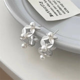 Daiiibabyyy  Pearl Flower C-shaped Ear Stud Earrings For Women Girl Sweet Temperament Simple Trendy Elegant Gentle Anniversary Jewelry Gift